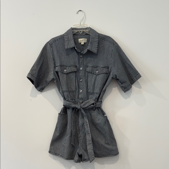 Universal Thread Pants - Universal Thread Blue and White Pinstriped Short Sleeve Romper with Belt.